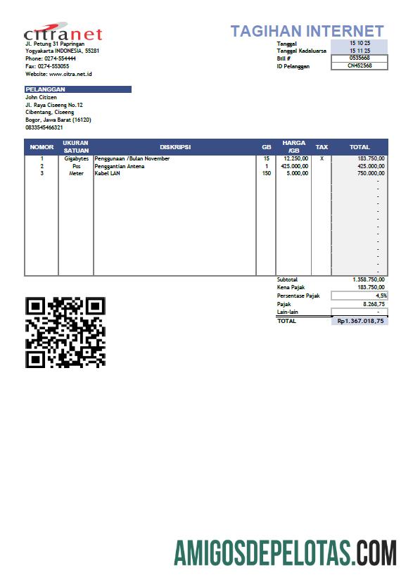 imprimível Modelo de conta de serviços públicos Citranet da Indonésia em formatos Word e PDF